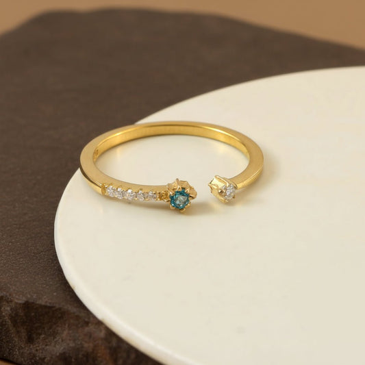 925 Gold - Plated Open Ring with Green & White CZ Stones | Adjustable Sterling Silver Ring - Zirak Silver