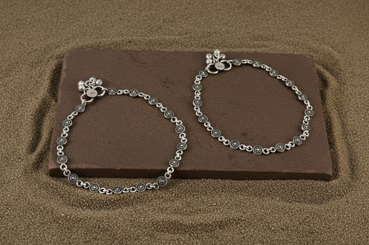 925 Oxidised Silver Tribal Disc Anklet Pair | Handmade Payal Set - Zirak Silver