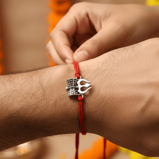 925 Oxidised Silver Trishul Damru Rakhi | Antique Shiv Rakhi with Red Thread - Zirak Silver