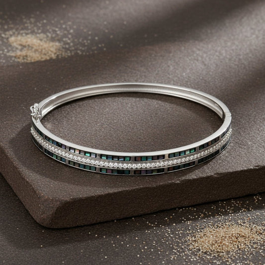 925 Silver Abalone & CZ Inlay Bangle Bracelet - Zirak Silver