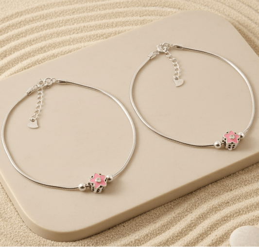 925 Silver Adjustable Anklet with Pink Flower Charm – Handmade Cute Summer Jewelry - Zirak Silver