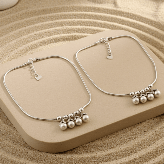 925 Silver Adjustable Anklet with White Pearl Dangle Charms – Handmade Ethnic Jewelry - Zirak Silver