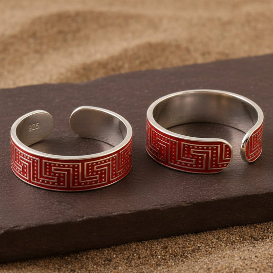 925 Silver Adjustable Toe Rings with Red Enamel Pattern – Handmade Ethnic Foot Jewelry - Zirak Silver