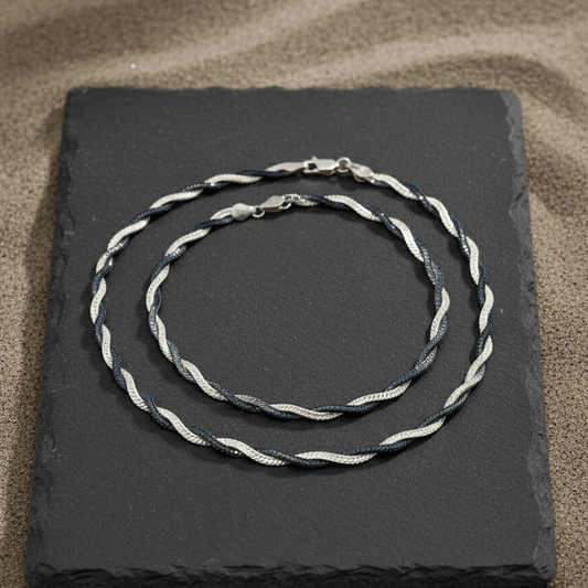 925 Silver Black & Silver Twisted Chain Anklet - Zirak Silver