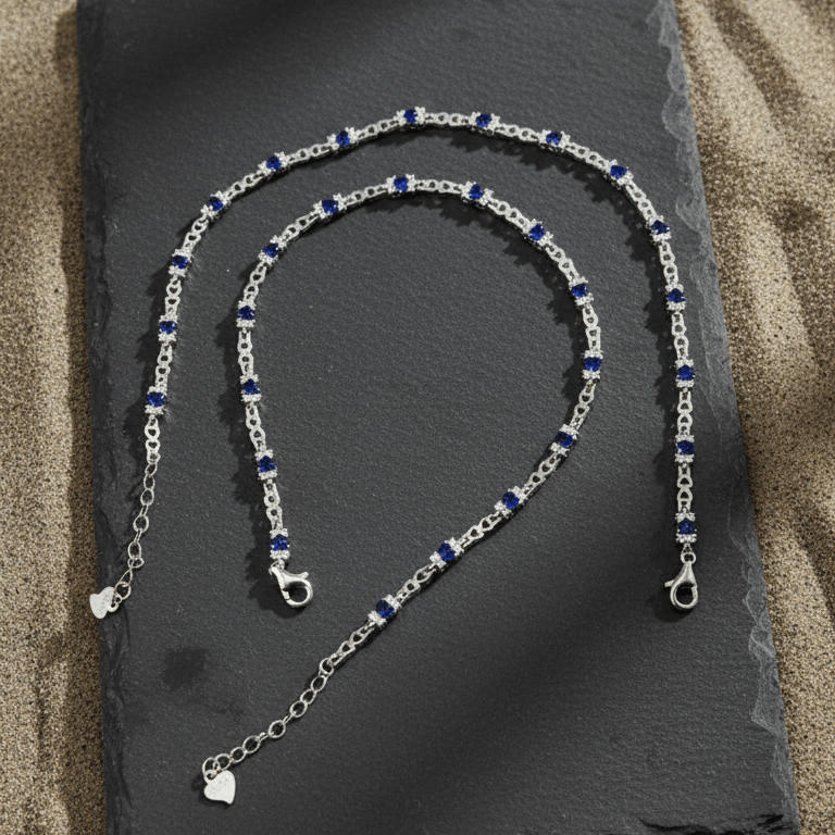 925 Silver Blue Crystal Chain Anklet - Zirak Silver
