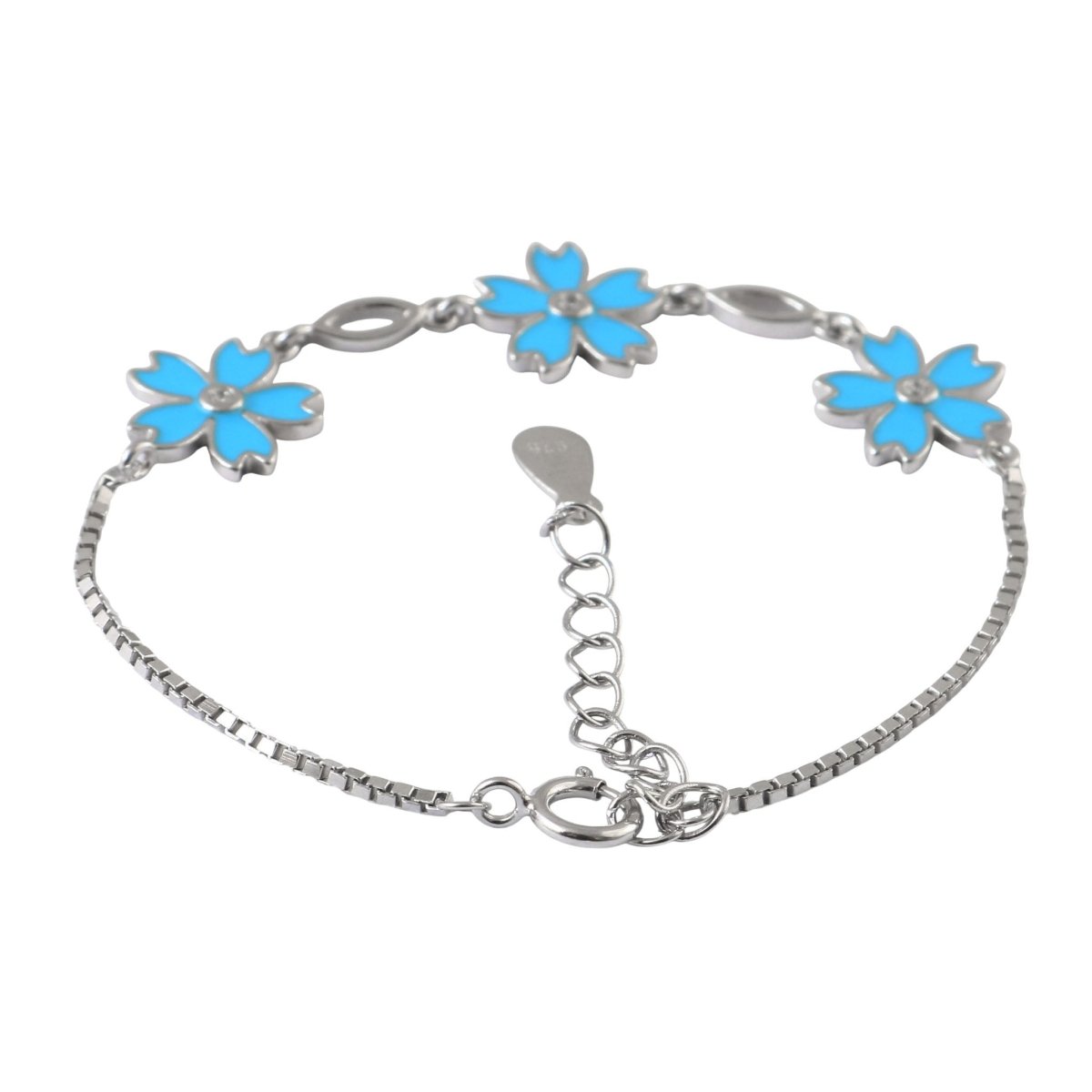 925 Silver Blue Enamel Flower Bracelet with Adjustable Chain - Zirak Silver