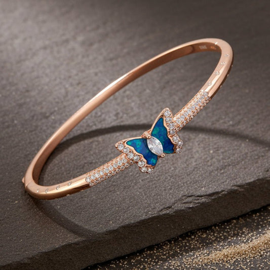 925 Silver Blue Opal Butterfly Rose Gold Bangle Bracelet - Zirak Silver