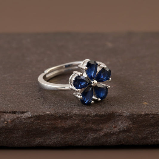 925 Silver Blue Sapphire Flower Ring | Petal Design Adjustable Sterling Silver Ring for Women - Zirak Silver