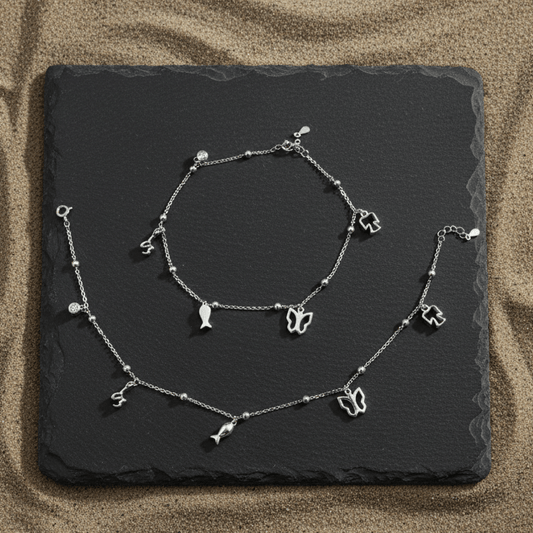 925 Silver Butterfly & Fish Charm Anklet - Zirak Silver