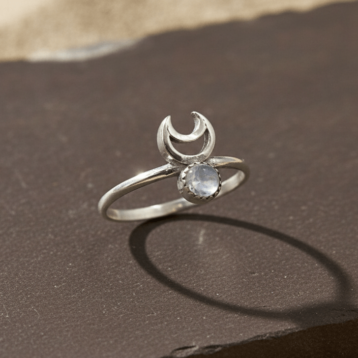 925 Silver Crescent Moon Rainbow Moonstone Ring - Zirak Silver