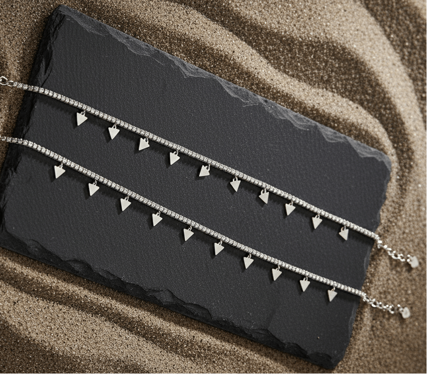 925 Silver CZ Tennis Anklet with Triangle Charms - Zirak Silver