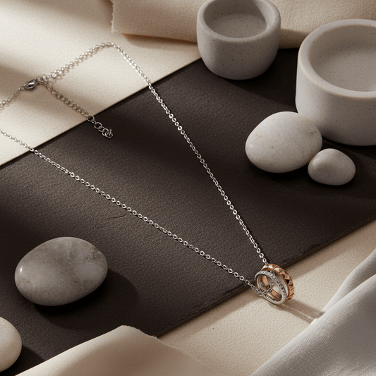 925 Silver Dual Tone Interlocking Ring Pendant Necklace - Zirak Silver