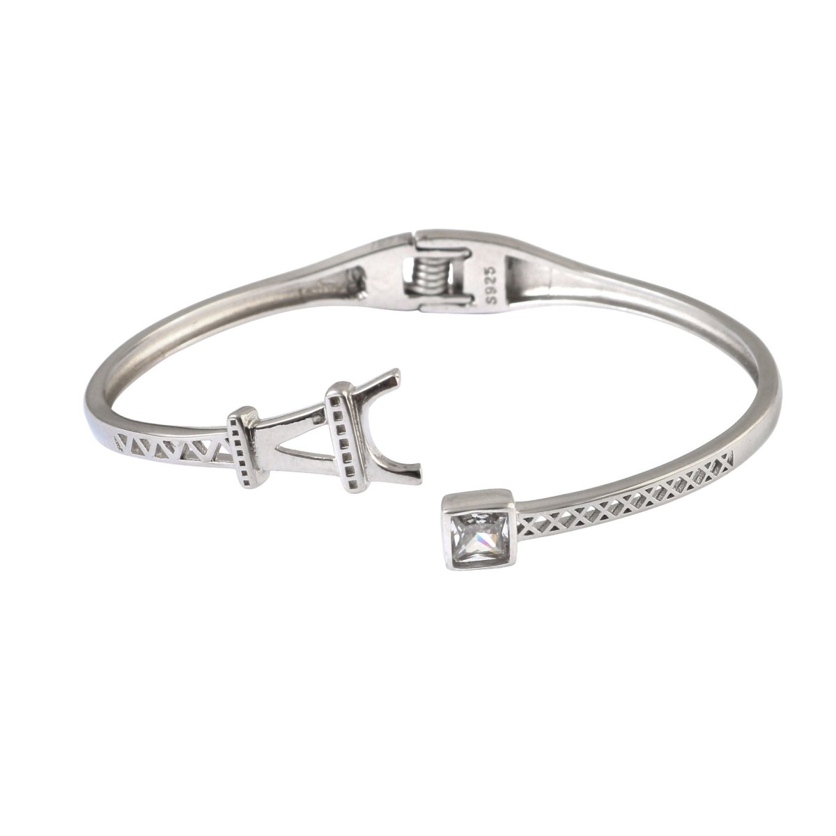925 Silver Eiffel Tower Openable Bracelet with Square CZ Accent - Zirak Silver