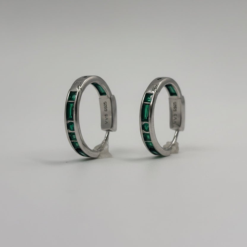 925 Silver Emerald Green Huggie Hoop Earrings - Zirak Silver