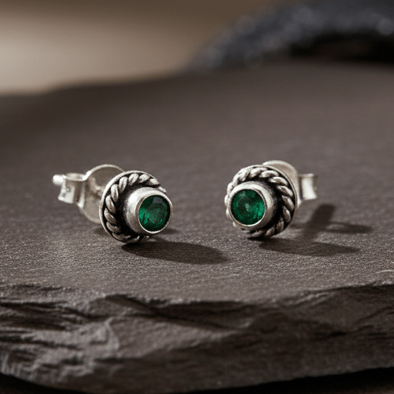 925 Silver Emerald Green Tiny Stud Earrings - Zirak Silver