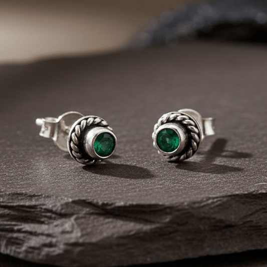 925 Silver Emerald Green Tiny Stud Earrings - Zirak Silver
