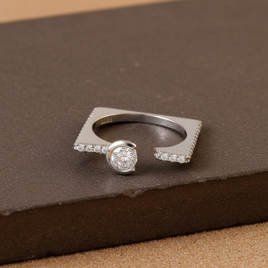 925 Silver Geometric Open Ring | Square Design CZ Solitaire Ring | Modern Statement Jewelry for Women - Zirak Silver
