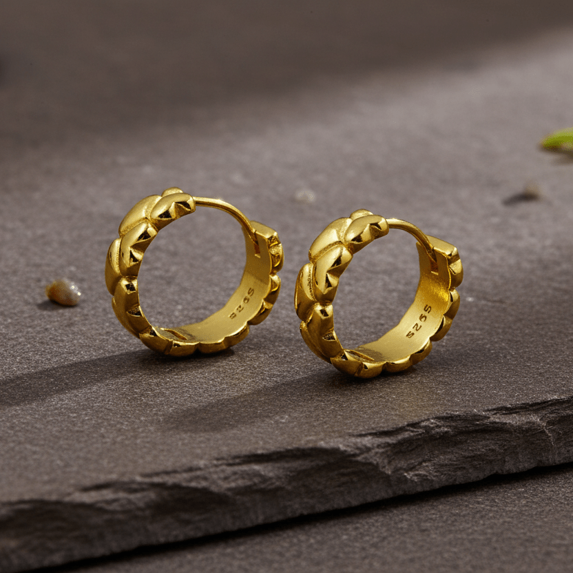 925 Silver Gold - Plated Quilted Texture Hoop Earrings - Zirak Silver