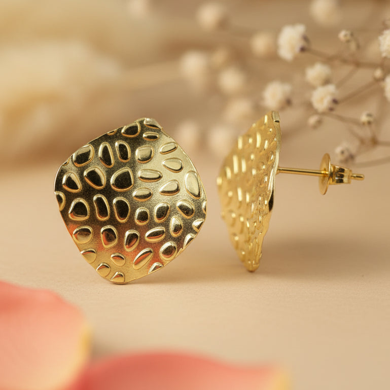 925 Silver Gold - Plated Textured Stud Earrings - Zirak Silver