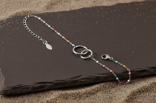 925 Silver Interlinked Circle Beaded Bracelet with Multicolor Enamel Accents - Zirak Silver