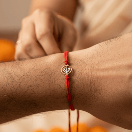 925 Silver Khanda Rakhi in Gold-Tone Circle on Red Cotton Thread – Sterling Sikh Raksha Bandhan Bracelet - Zirak Silver