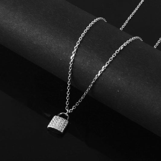 925 Silver Lock Pendant Necklace with Zircon Accents - Zirak Silver