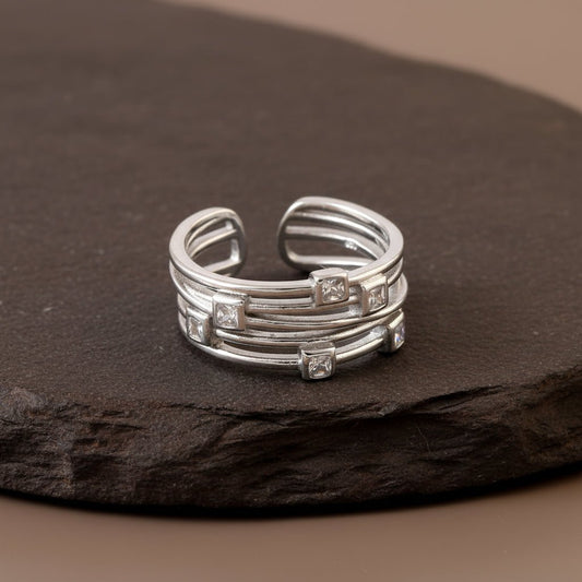 925 Silver Multi - Band Square CZ Ring | Adjustable Sterling Silver Statement Band Ring - Zirak Silver