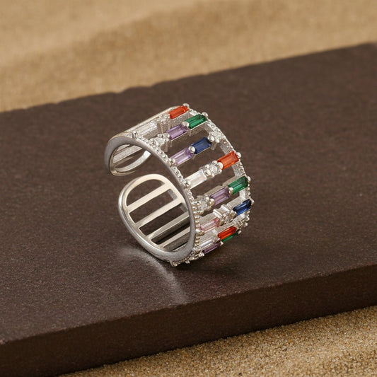 925 Silver Multi - Color Baguette CZ Statement Ring | Adjustable Rainbow Crystal Band for Women - Zirak Silver