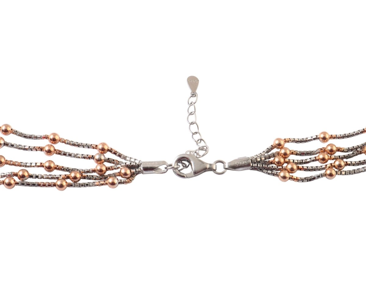 925 Silver Multi - Strand Necklace with Rose Gold Bead Accents - Zirak Silver