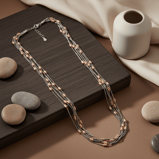 925 Silver Multi - Strand Necklace with Rose Gold Beads - Zirak Silver