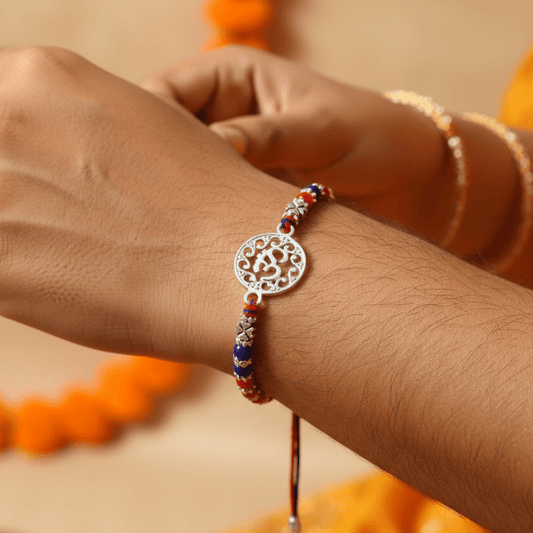 925 Silver Om Rakhi | Traditional Red-Blue Beaded Thread with Intricate Om Symbol for Men - Zirak Silver