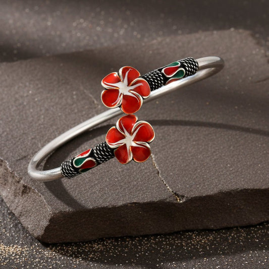 925 Silver Orange Enamel Flower Open Cuff Bangle – Handcrafted Adjustable Silver Bracelet - Zirak Silver