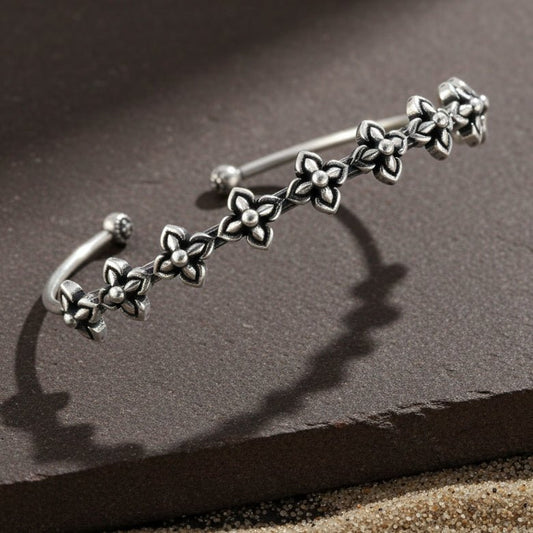 925 Silver Oxidised Floral Cuff Bracelet for Women - Zirak Silver