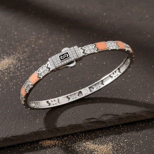 925 Silver Peach Enamel & CZ Hexa - Link Bangle Bracelet - Zirak Silver