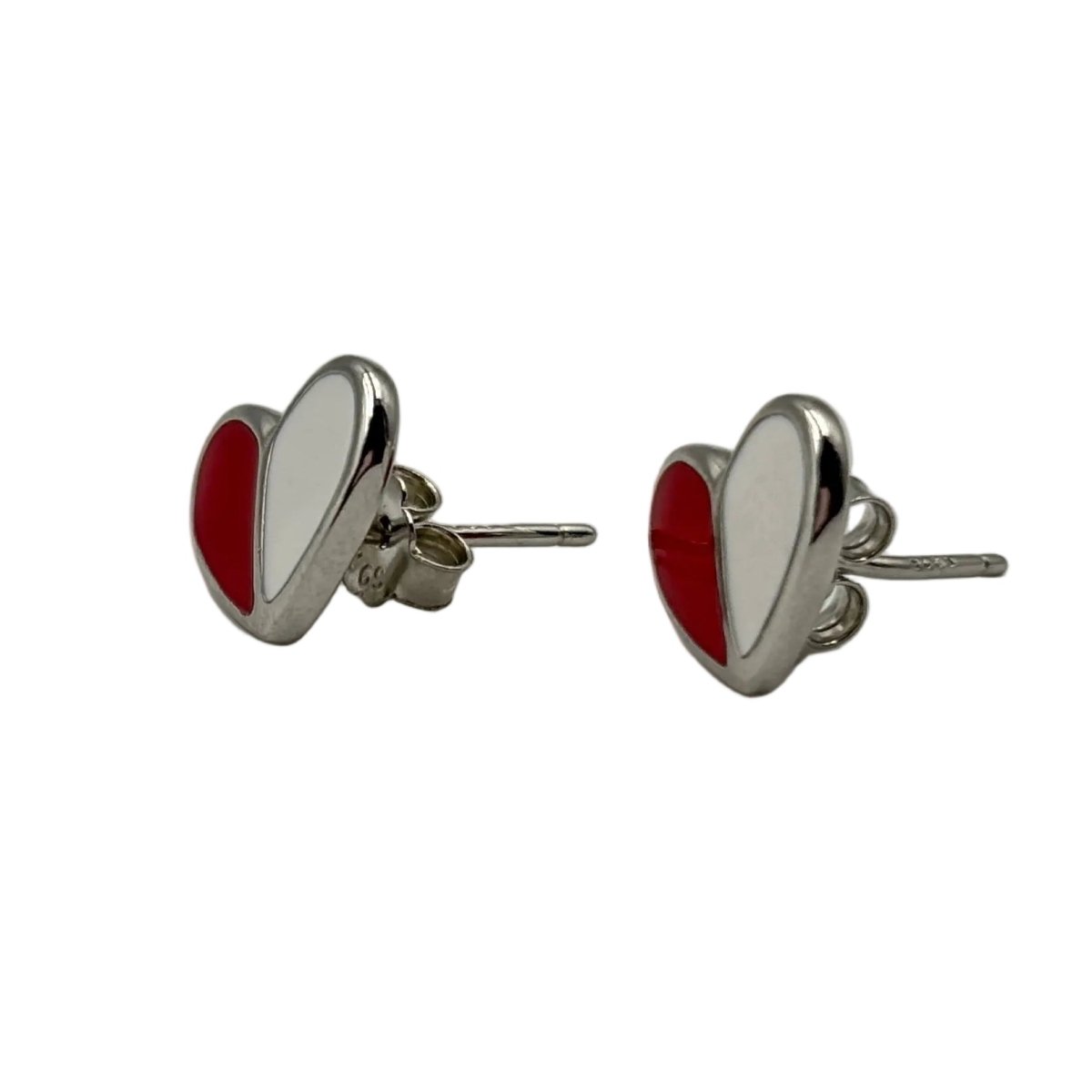 925 Silver Red & White Enamel Heart Stud Earrings - Zirak Silver