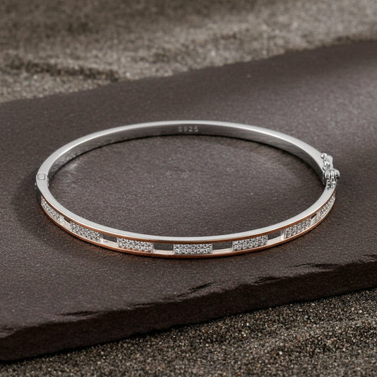 925 Silver Rose Gold Accent CZ Bangle Bracelet for Women - Zirak Silver