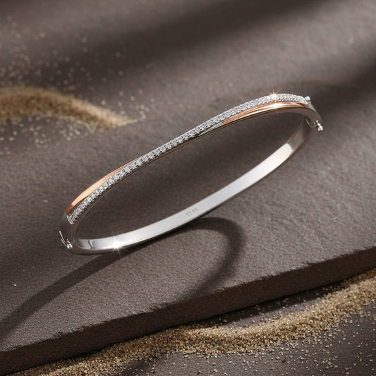925 Silver Rose Gold Accent CZ Slim Bangle Bracelet - Zirak Silver