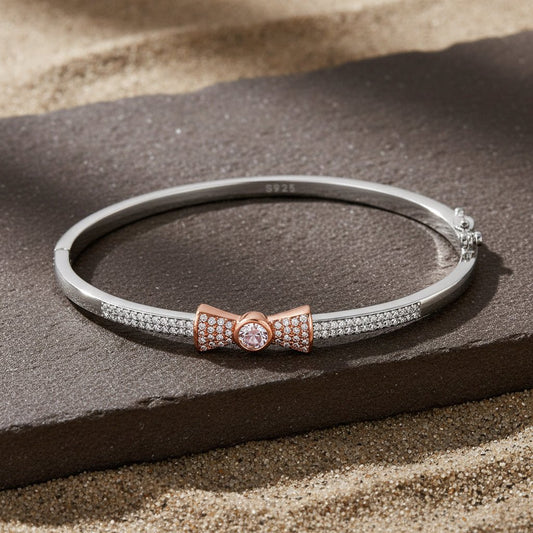 925 Silver Rose - Gold Bow Bangle with CZ Stones - Zirak Silver