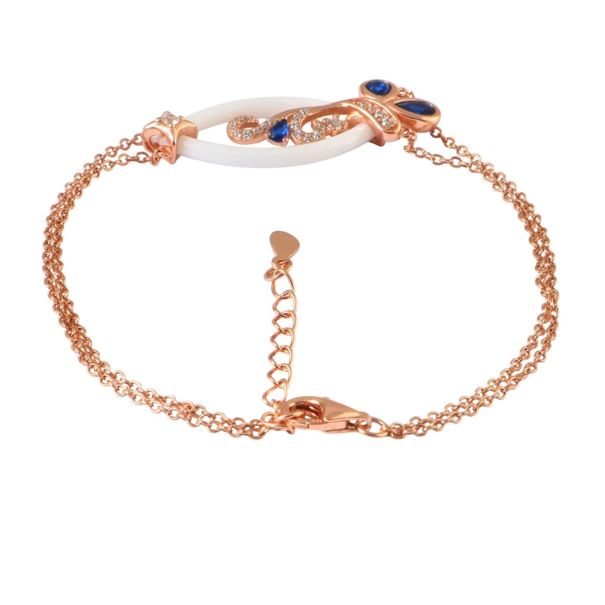 925 Silver Rose Gold Butterfly Bracelet with Blue Stones & Ceramic Link - Zirak Silver