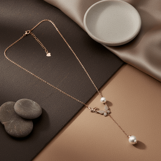 925 Silver Rose Gold Butterfly Pearl Drop Necklace with CZ Accents - Zirak Silver
