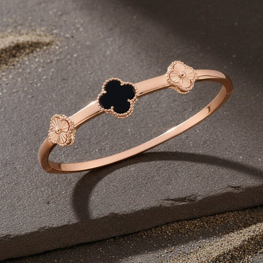 925 Silver Rose Gold Clover & Floral Motif Bangle - Zirak Silver