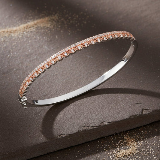 925 Silver Rose Gold CZ Slim Bangle Bracelet - Zirak Silver