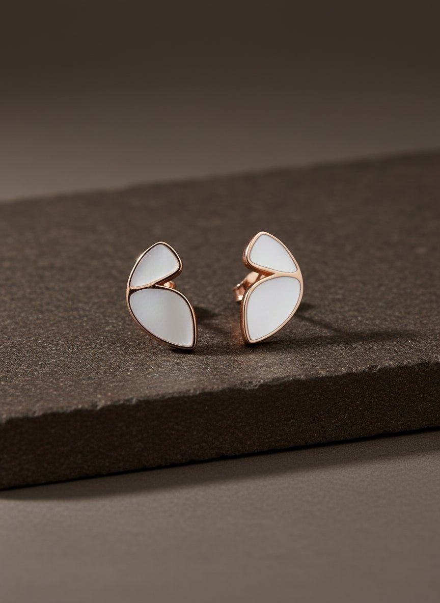 925 Silver Rose Gold Enamel Leaf Stud Earrings - Zirak Silver