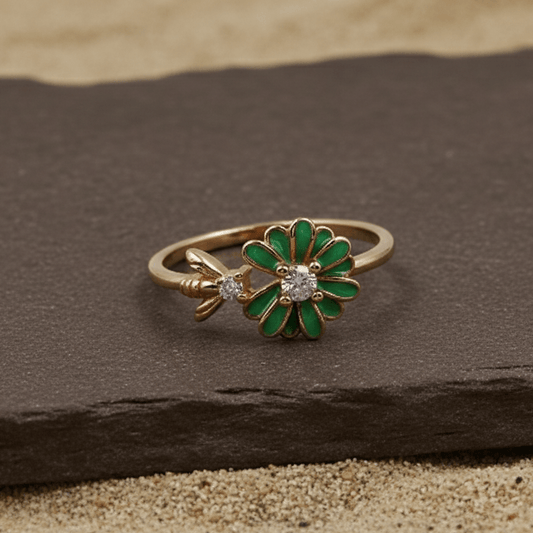 925 Silver Rose Gold Plated Green Enamel Flower Bee Ring - Zirak Silver