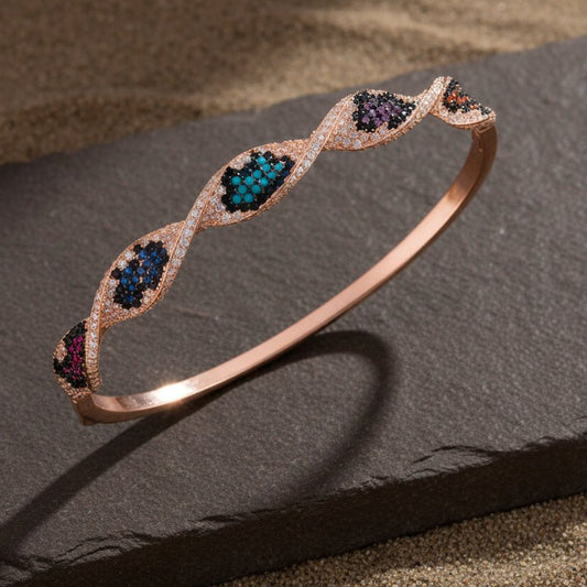 925 Silver Rose Gold Twisted CZ Bangle with Multicolor Stones - Zirak Silver