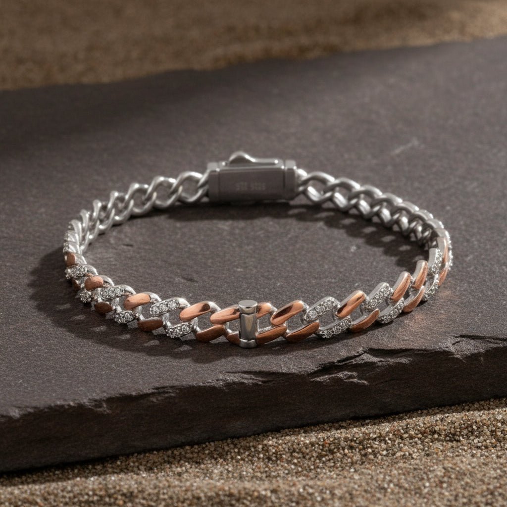 925 Silver Rose Gold Two - Tone Cuban Link Bracelet with CZ Accents - Zirak Silver
