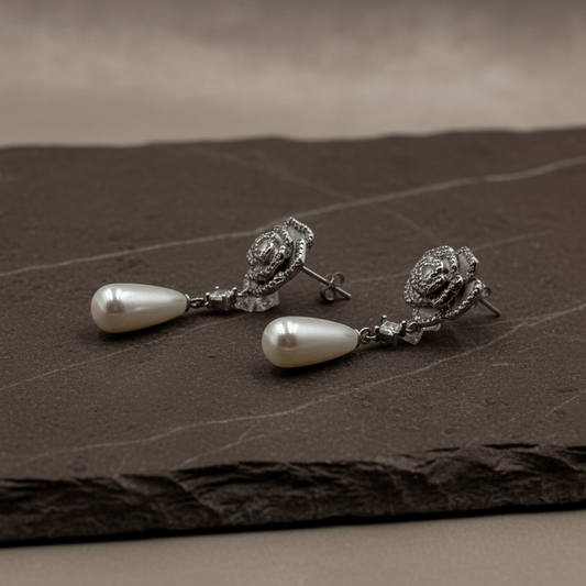 925 Silver Rose Pearl Drop Earrings - Zirak Silver