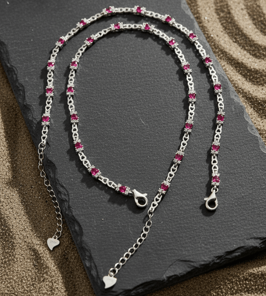 925 Silver Ruby Pink Stone Anklet - Zirak Silver