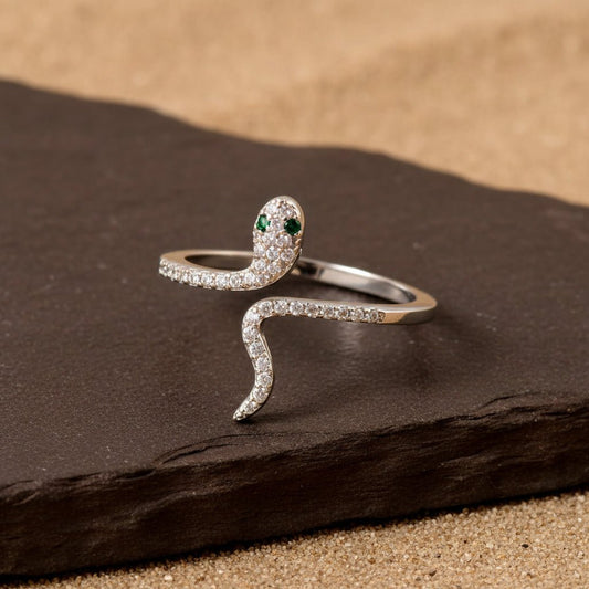 925 Silver Snake Ring with Green CZ Eyes | Adjustable Serpent Design Sterling Silver Ring for Women - Zirak Silver