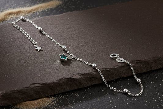925 Silver Star Charm Bracelet with Blue Stone | Minimal Beaded Chain Bracelet - Zirak Silver
